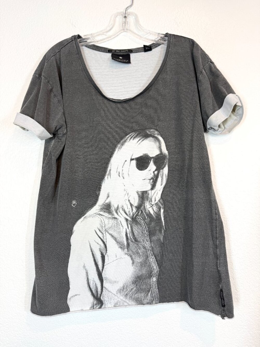 Maison Scotch Graphic T Shirt Size 3 Large Gray Portrait Rolled Sleeve Tunic